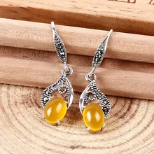 Pendientes de plata aretes de joyería de moda 2016 Retro de la vendimia de lujo para las mujeres Joya de Plata 925 piedra de Ágata Calcedonia Pendiente famale