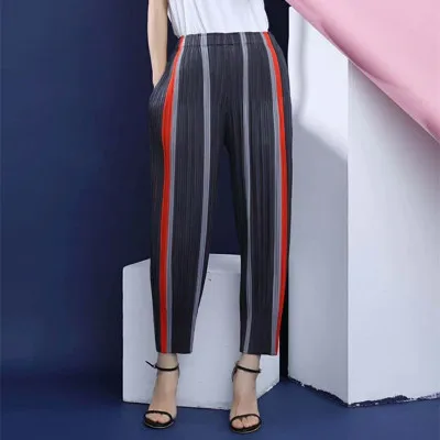 Fois Fendu Plissé De Élastique Pantalon Gratuite Stock gris Rayé Taille Noir Livraison Harem En x4C1Uqx