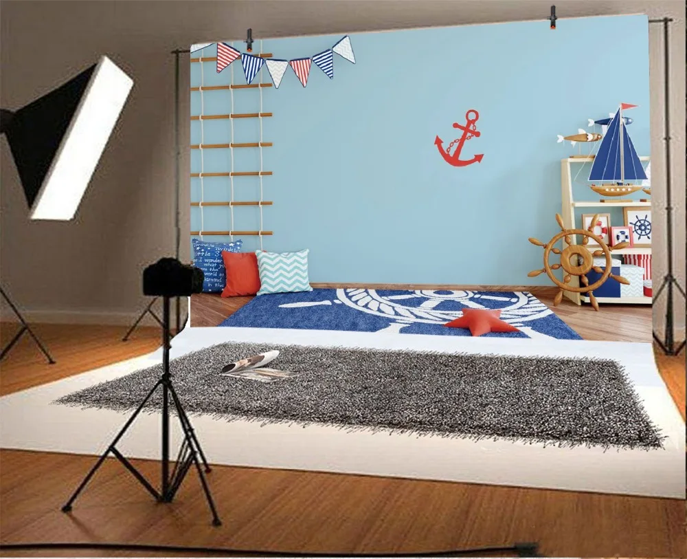 Laeacco Baby Room Wooden Rudder Anchor Pattern Carpet Photography Backgrounds Customized Photographic Backdrops For Photo Studio