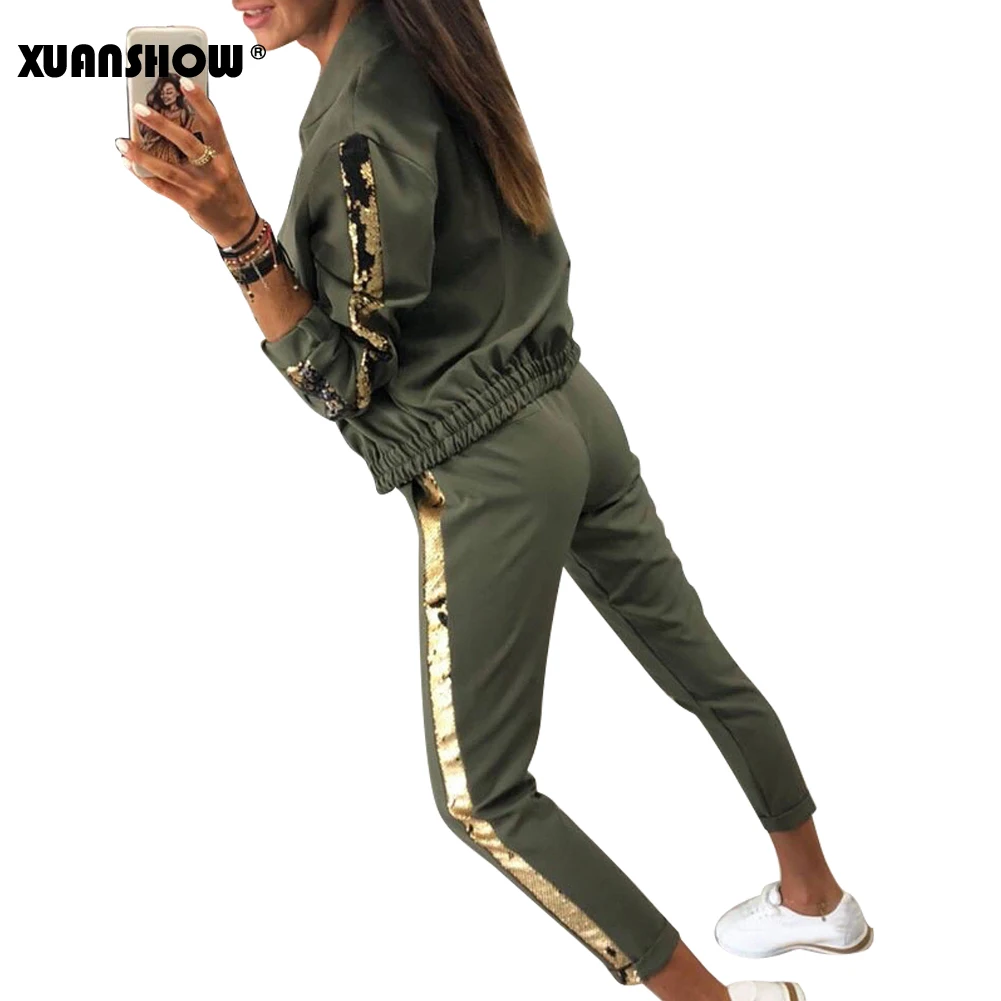 XUANSHOW спортивный костюм женский модный Повседневный Спортивный с блестками