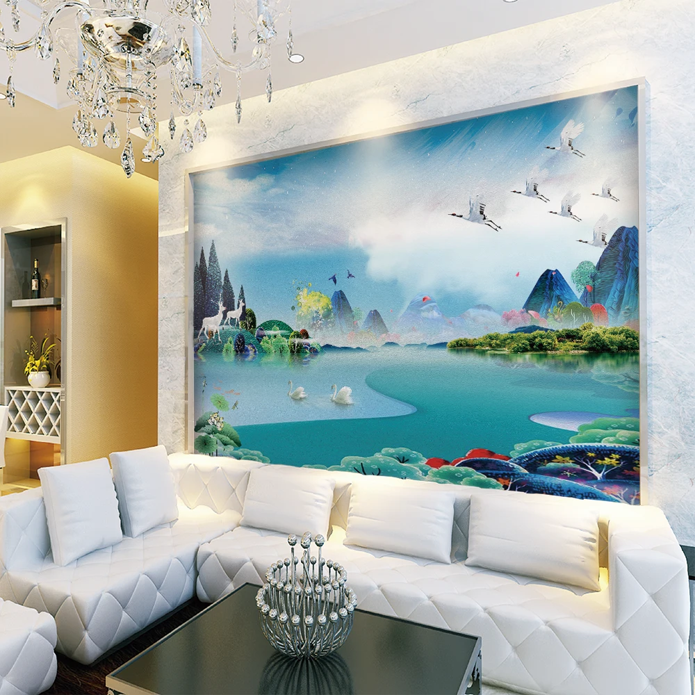 Custom wallpaper New Chinese oil painting White crane White deer Forest landscape background wall - Silk waterproof material Custom wallpaper New Chinese oil painting White crane White deer Forest landscape background wall - Silk waterproof material