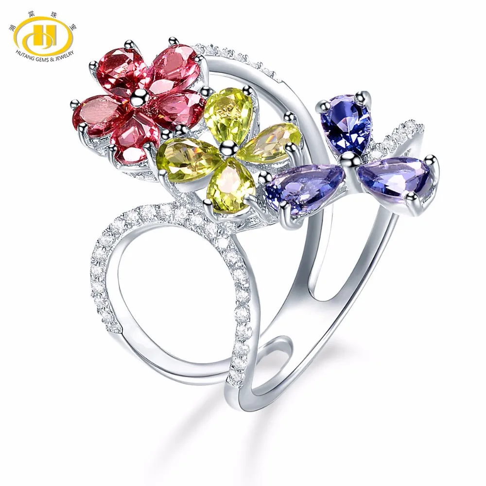Hutang Engagement Rings Natural Multi Gemstone Garnet Peridot Iolite 925 Sterling Silver Ring Flower Fine Jewelry Presents Gift Hutang Engagement Rings Natural Multi Gemstone Garnet Peridot Iolite 925 Sterling Silver Ring Flower Fine Jewelry Presents Gift