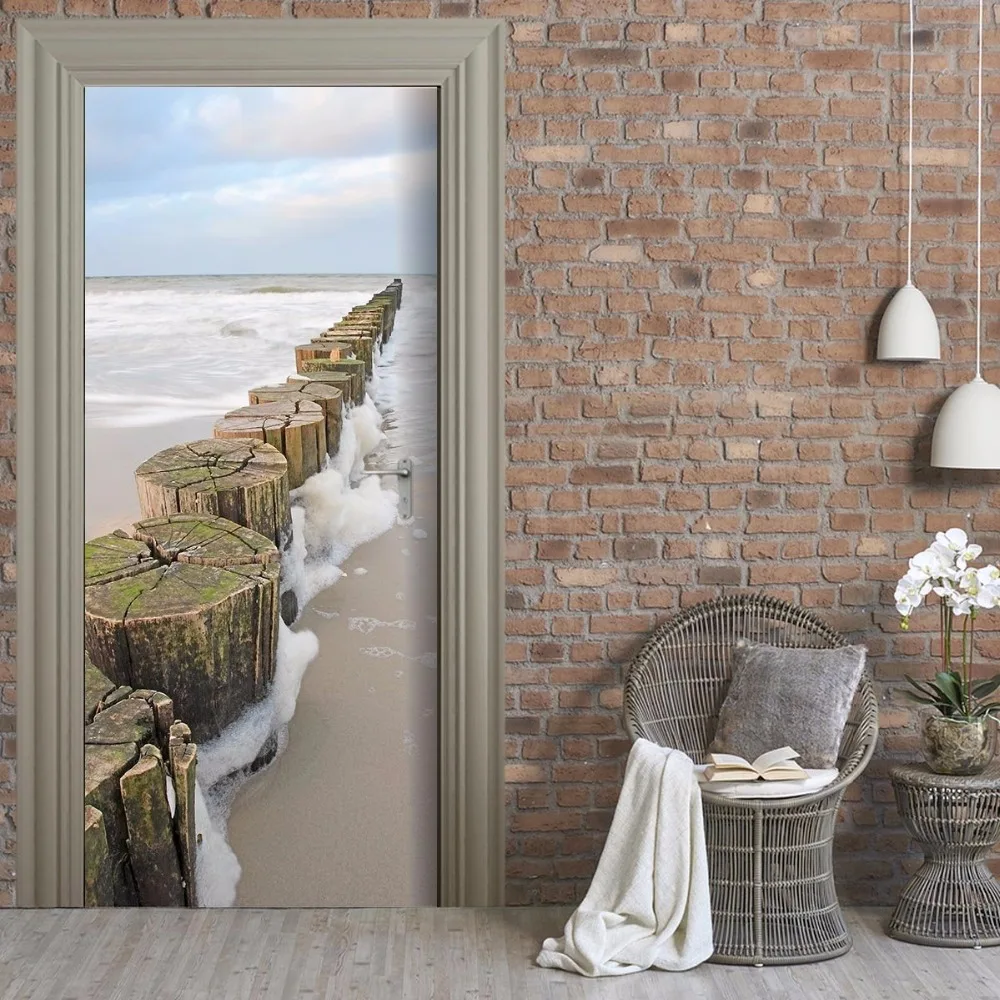 3D seaside sticks Door Wall Stickers Bedroom Home Decor Poster PVC