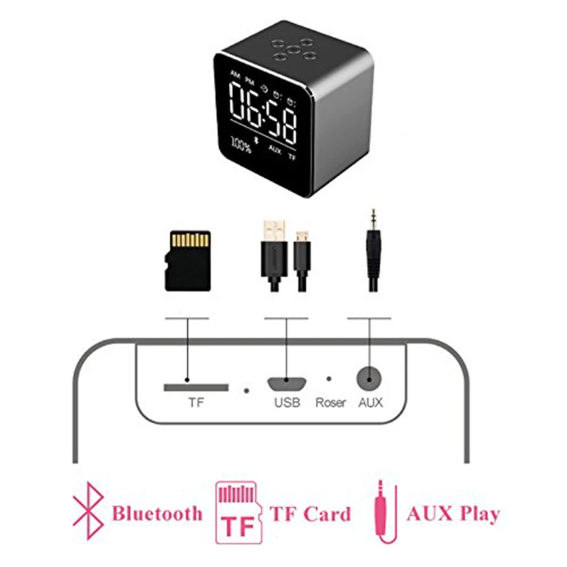 Будильник с беспроводным Bluetooth динамиком, металлический мини портативный динамик, 2 комплекта будильника, ЖК-экран, 8 H, время воспроизведения, TF карта