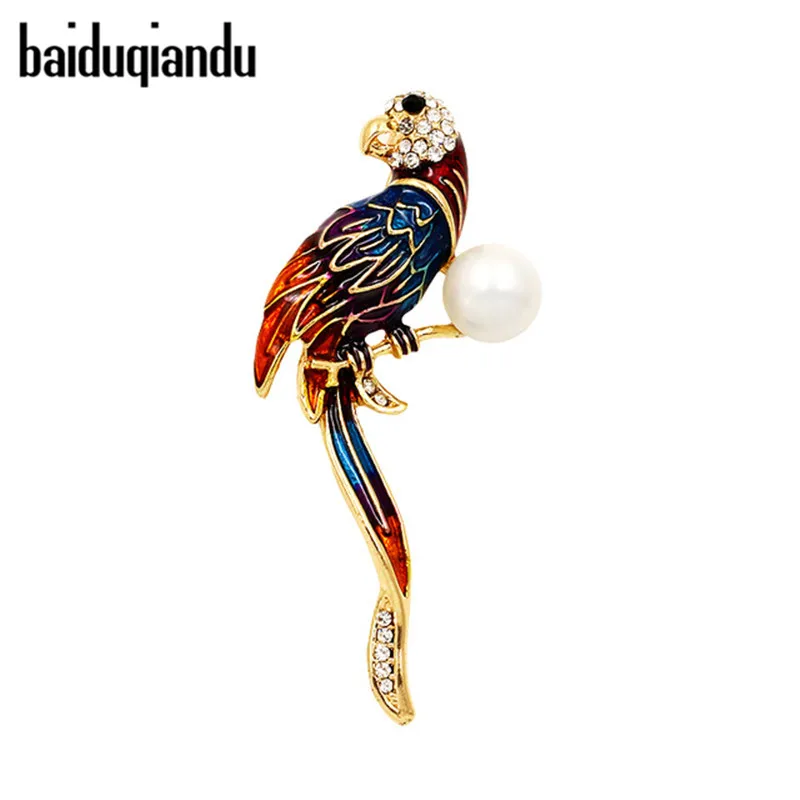 

baiduqiandu New Arrival Colorful Enameled Animal Bird Parrot Brooch Pins with Shell Pearl for Women Shirt Accessories