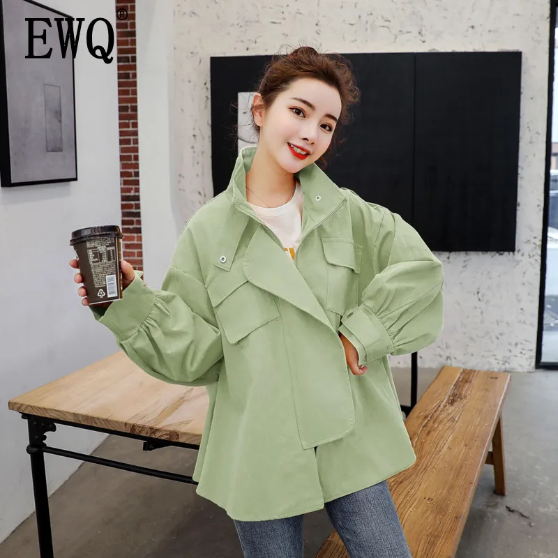 

[EWQ] 2019 Spring Autumn New Pattern Long Sleeve Solid Patchwork Zipper Vintage Loose Coat Women Fashion Tide AG82206
