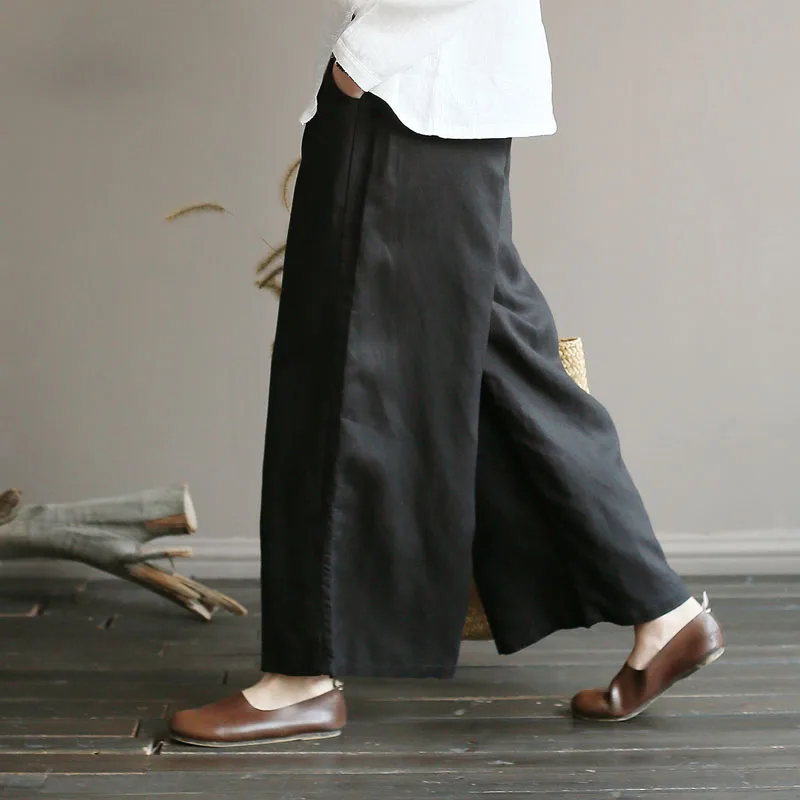 

Nefeilike Women Solid Wide Leg Pants Autumn Linen Trouser New Elastic Waist Vintage Loose Women Clothing Pants