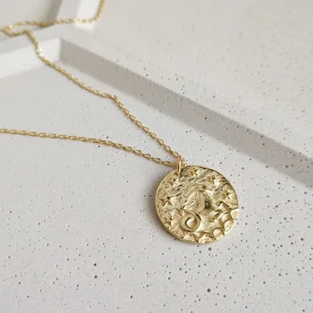 

Authentic 925 Sterling silver Gold figure Coin Constellation Necklaces Baroque Coin Disc Pendant Fine JEWELRY X200