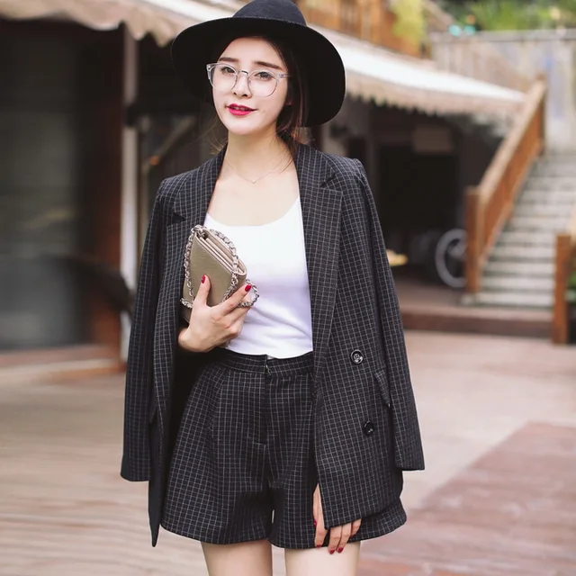 spring autumn ladies black blazer and shorts set fashion women plaid