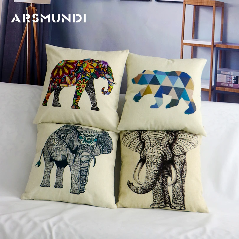 

Cute Cartoon Linen Cushion Cover Elephant Printed Car Seat Cushion Cover Home Decorative Pillow Black Bear Animal Cushion Cover