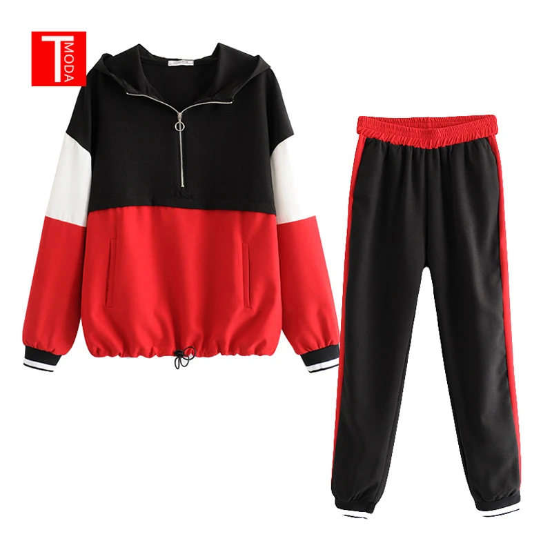 Комплект женский винтажный Красный контрастный цвет бейсбольный бомбер пуловер куртка Женские топы и брюки-карандаш для бега костюмы комплекты из двух предметов