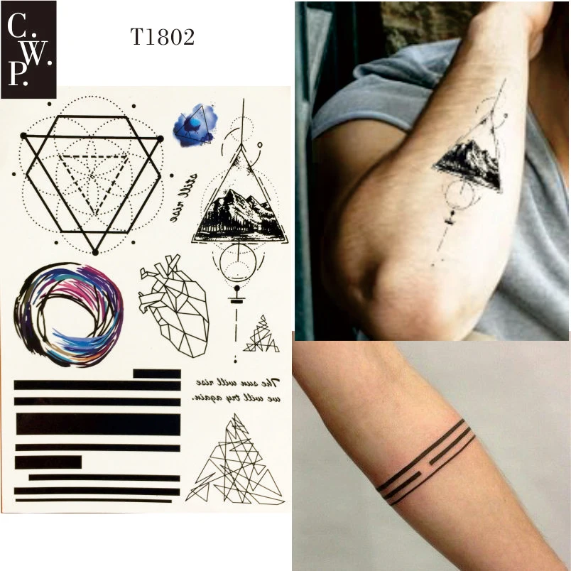 

T1802 1 Piece Geometric Line Temporary Tattoo with Triangle Mountain, Line, Heart, and Roundness Pattern body paint Tattoos
