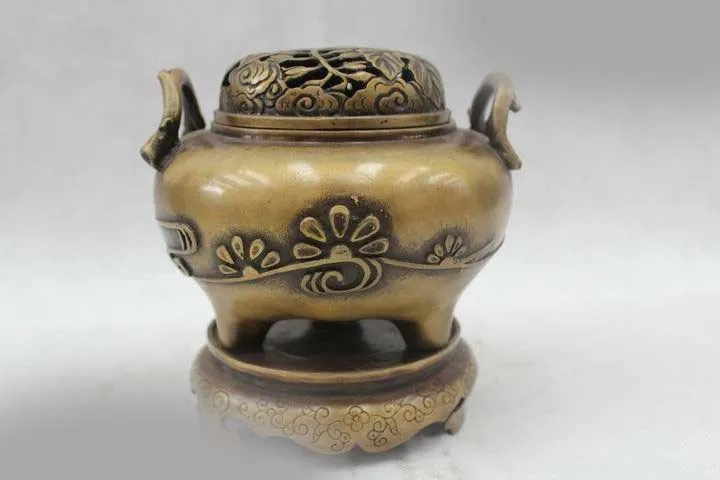 

7"China Folk Pure Bronze Lucky flower Burner incense burner Pot Statue