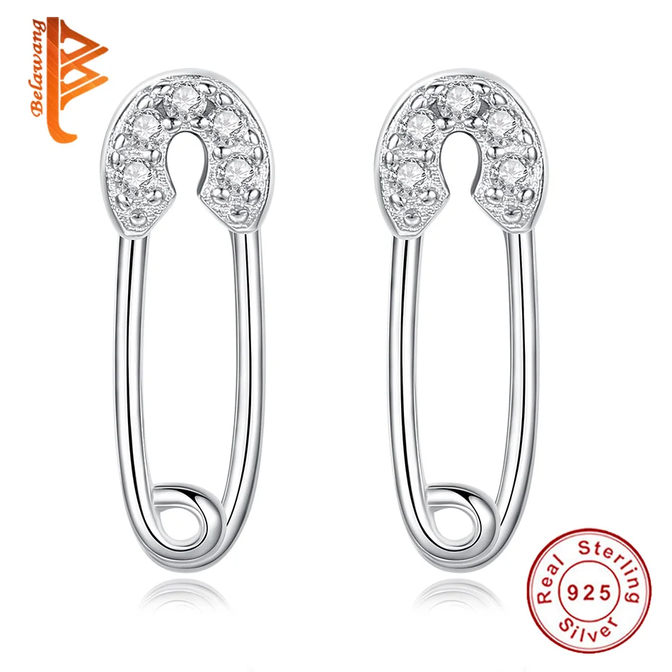 

BELAWANG Minimalism Style Clear CZ Crystal Pin Brooch Earrings 925 Sterling Silver Stud Earrings for Women Gift Fashion Jewelry
