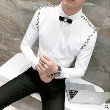 Весна цветы человек ночной клуб модные рубашки больших размеров с длинными рукавами 3XL бабочка кристаллы платья свадебные выпускные рубашки