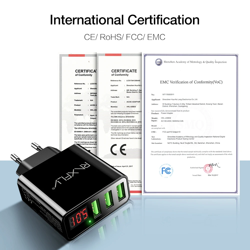 RAXFLY Универсальное зарядное устройство USB адаптер светодиодный цифровой 3 Порта
