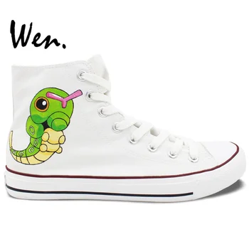 

Wen Men Women's Hand Painted Shoes Pokemon Pocket Monster Caterpie White High Top Canvas Sneakers for Boys Girls