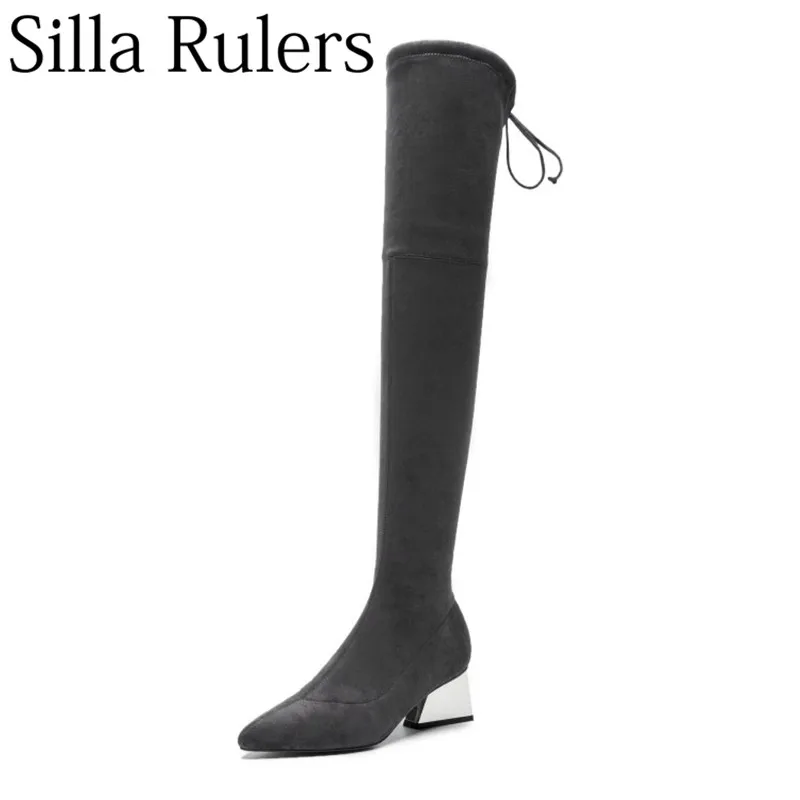 

Silla Rulers Ladies Knee High Boots Pointed Toe Metal Heel Elastic Boots Woman 2018 New Winter Lean Leg Boots For Woman