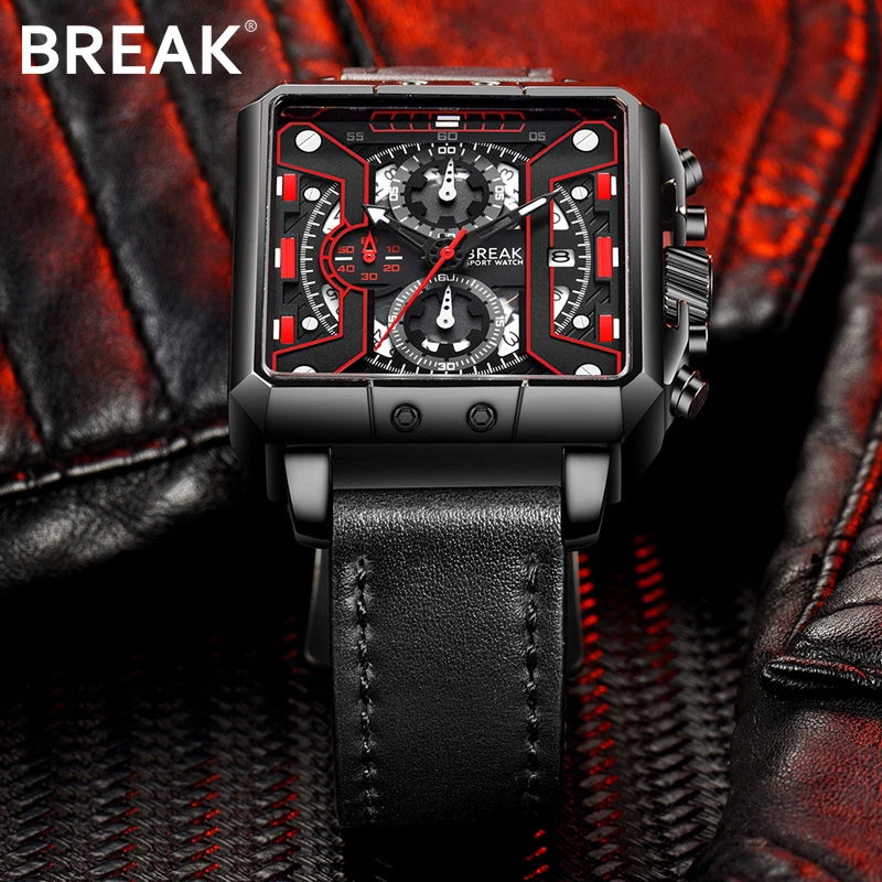 BREAK Men Luxury Brand Fashion Casual Quartz Sport Watches Men's Genuine Leather Square Dial Chronograph Gift Wristwatches