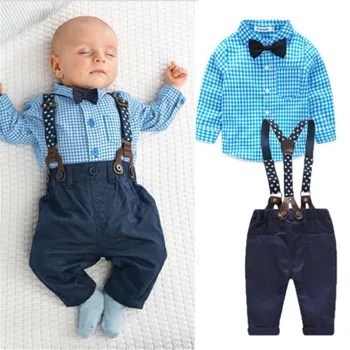 

2Pcs Newborn Infant Baby Boys Gentleman Clothes Stylish Plaid Shirt + Suspender Trousers Set for Baby Boy Autumn Winter Clothes