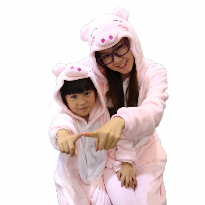 Зимняя Фланель Семья мама и дети женский единорог панда животных пижамы цельный девочка мальчик пижамы женщина с капюшоном домашней одежды мама дочка семейная одежда