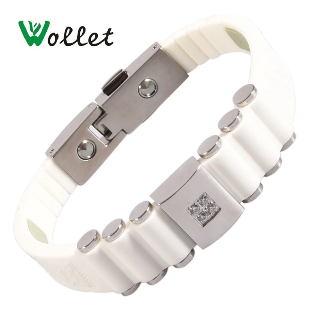 

Wollet Jewelry 99.999% Germanium White Silicone Stainless Steel Bracelet Bangle for Men Negative Ion Health Care Wristband Golf