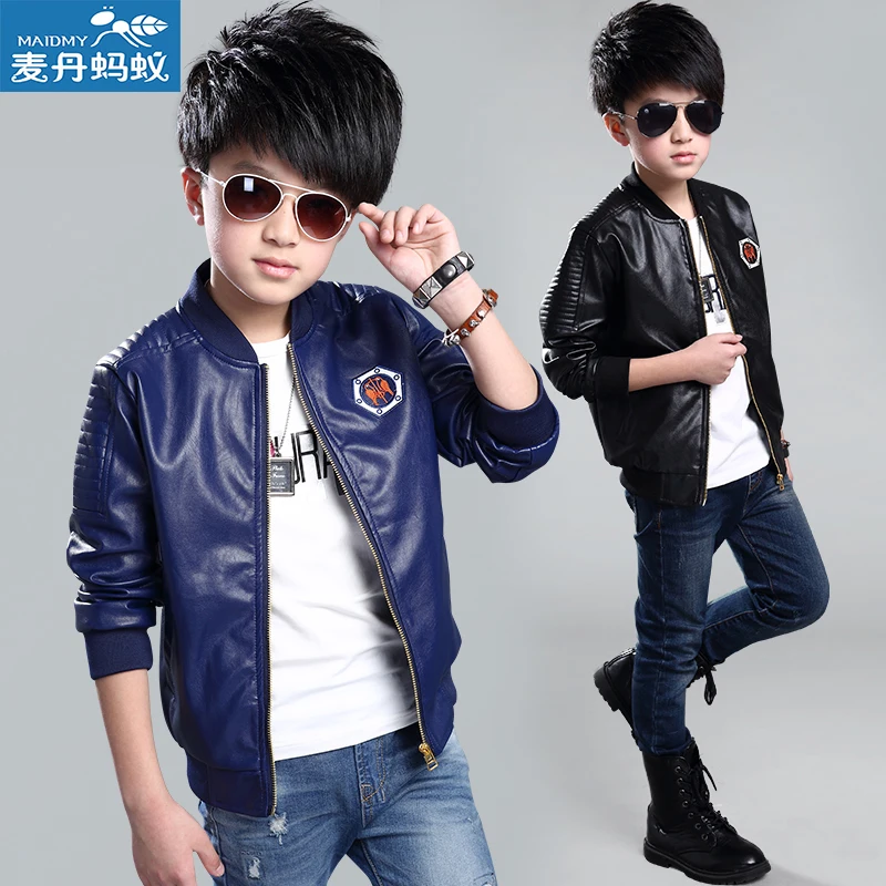 

Childrens Leather Zipper Coat Boys Autumn PU Leather Jacket Long Sleeve Korean Fashion Autumn Clothes Windproof Jacket V-0161