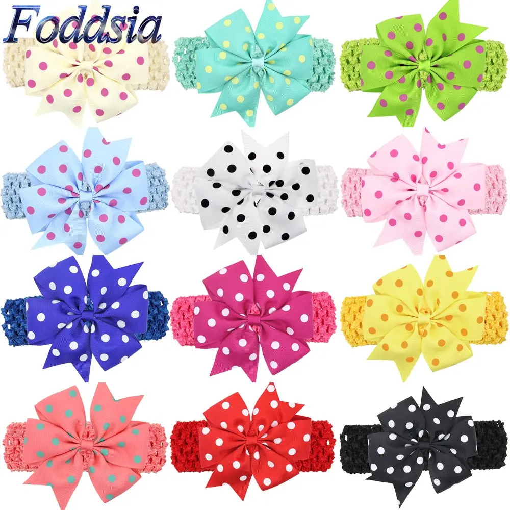 Foddsia 14pcs/lot Girls Ribbon Bows Elastic Headband Polka Dots Bows