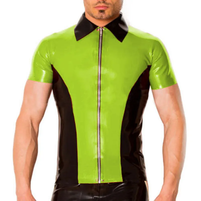 

Latex Men Handsome Top Short Slevees Apple Green and Black Shirts With Zipper 0.4mm Size XXS-XXL