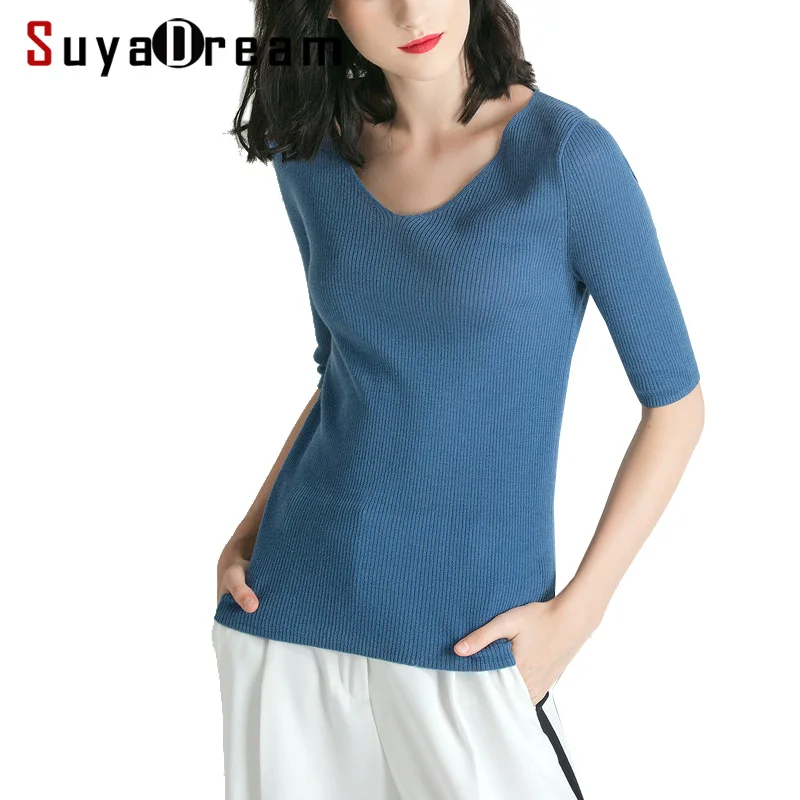 SuyaDream Women Pullovers 100%Merino Wool Knitted V Neck Half Sleeved Sweater 20201 FALL Winter Bottoming Knit Shirt | Женская одежда