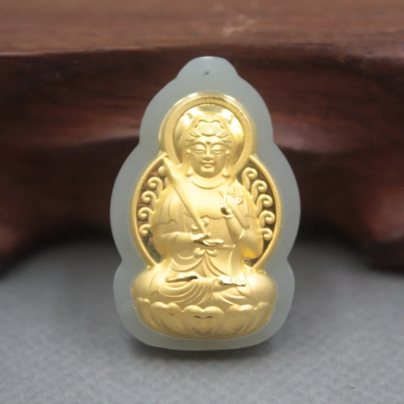 

New 24K Yellow Gold Natural Jadeite Jade Women Men Kwan-Yin Bless Pendant 32x21mm