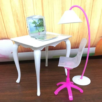 

Kids 4PCS Simulation Mini Doll Office Table Desk Lamp Laptop Chair Miniature Doll House Furniture Accessories for Barbie Toy