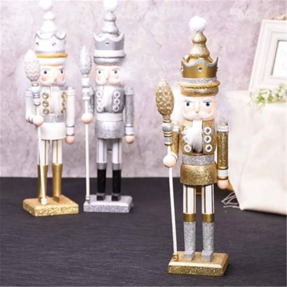

42cm Exquisite Wooden Nutcracker Soldier Golden Fluffy King Mascot Handcraft Puppet Shiny Nutcracker Crafts Christmas Decoration