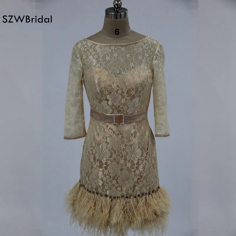 

New Arrival Lace Evening dresses 2019 Long sleeve short evening dress with Feathers Formal dress vestido de festa