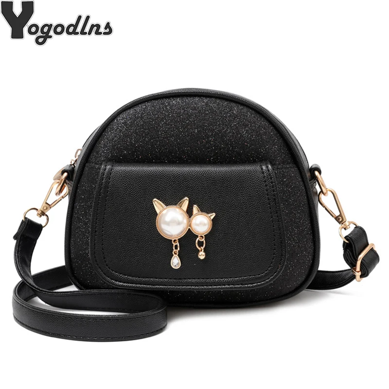 

Vintage Sequins Splice PU Leather 2019Women Bags Fashion Small Shell Bag With Cat Toy Mini Shoulder Bag Casual Crossbody Bag Hot