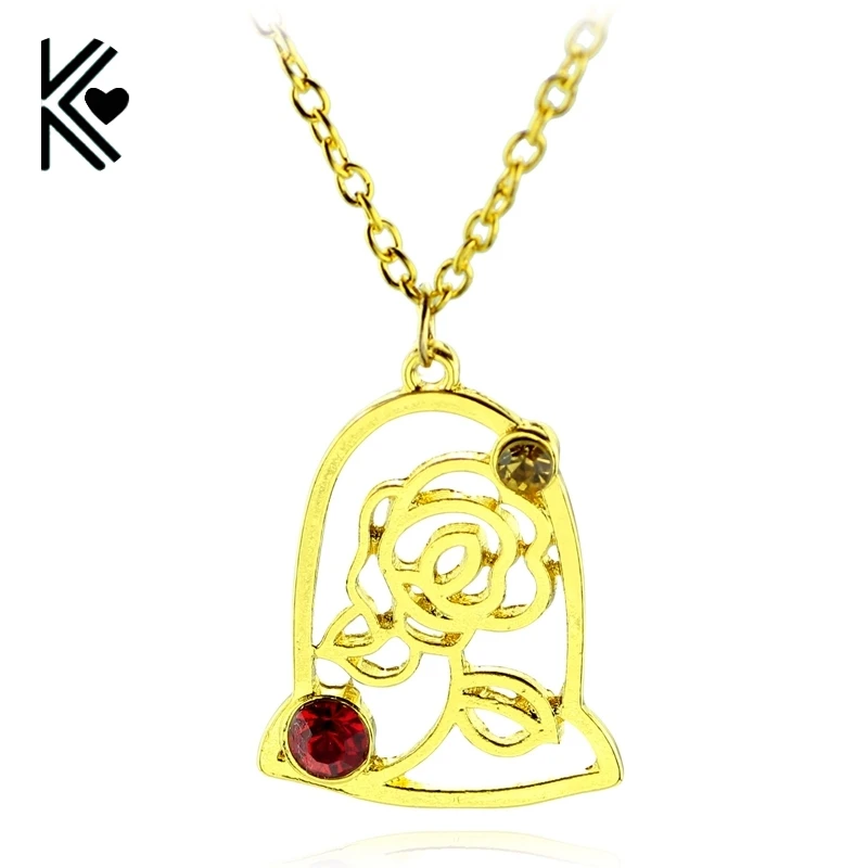 Beauty and the Beast Pendant Rose Necklace with Red /white Crystal
