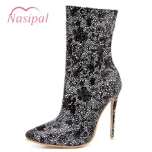 Nasipal Sexy Magro Mid-calf Botas Vermelho Preto das Mulheres Impressão Floral Stiletto Botas de Salto Alto Botas Feminina Grande tamanho 48 M265
