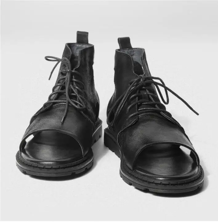 Черные модные летние сандалии из натуральной кожи в римском стиле, мужские сандалии с высоким голенищем, пляжные сандалии на молнии - Цвет: black