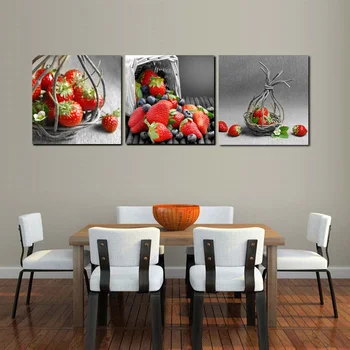 

Modern Home Decor Canvas Art Wall Decoration Red Strawberry Prints Kitchen Living Room 3 Piece Picture Gray Posters Set No Frame