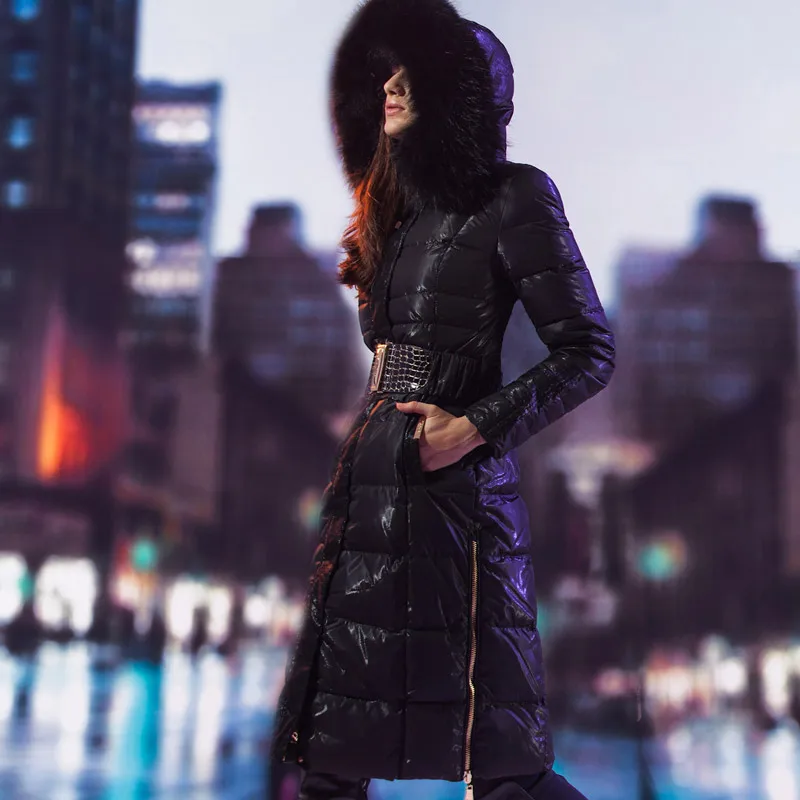 Зимняя куртка женская пуховая куртка большой меховой воротник длинный дизайн утолщенная тонкая кружевная пуховая куртка Женская парка верхняя одежда