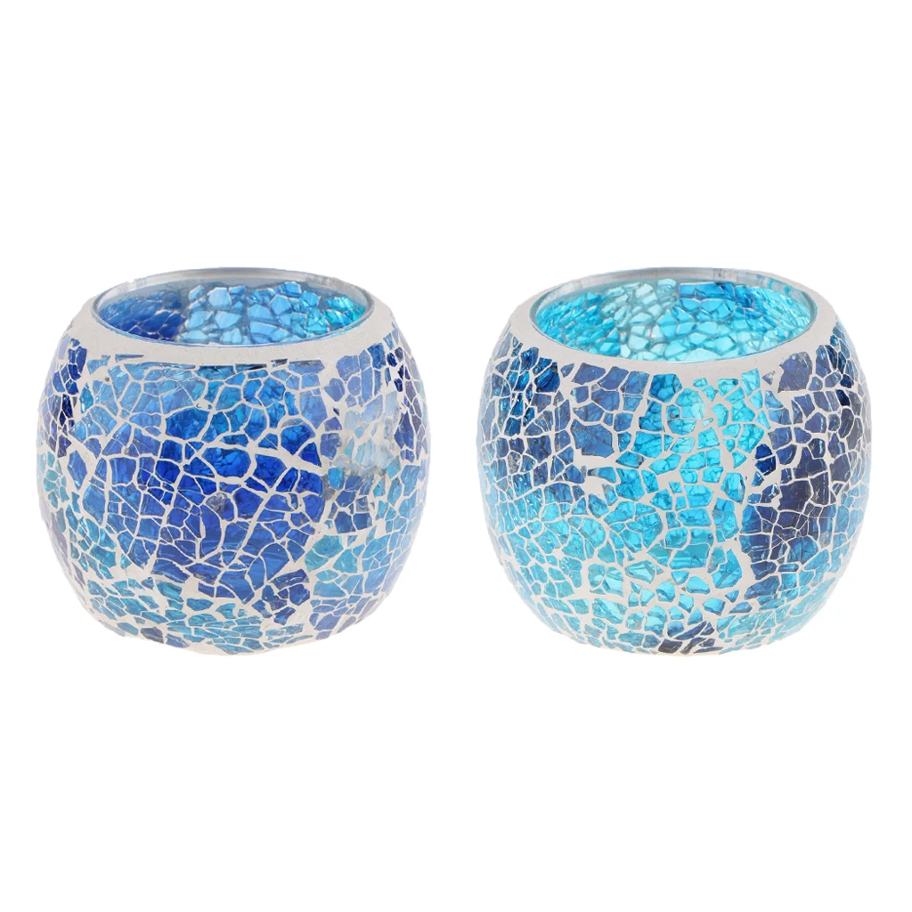 2Pcs Vinatge Mosaic Glass Candle Holder Votive Candles Tea Lights Holder Blue Candlestick Bowl Candle Cups Set Home Decor Props