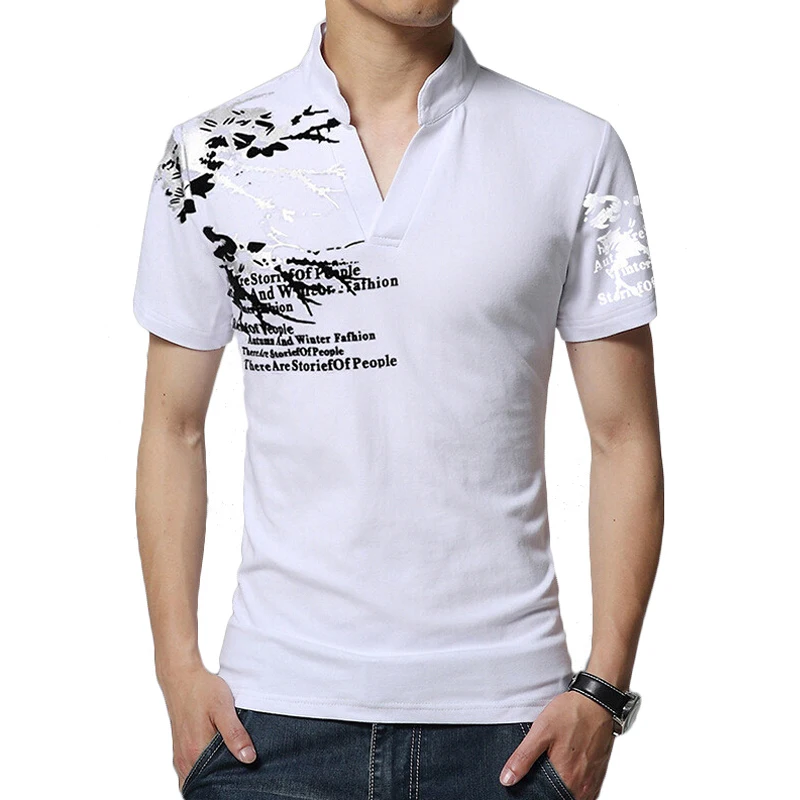 T shirt Men V Neck Design Slim Fit Casual Cotton Short Sleeves Print ...