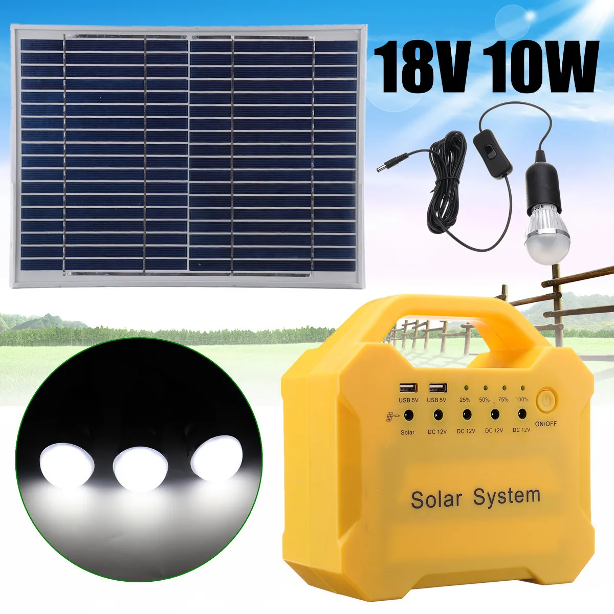 

18V LED Light USB Charge Solar Panel Power Storage Generator System Home Outdoor Large Capacity Battery Energy Saving Camping