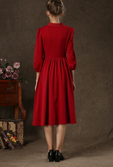 Высокое качество Новое поступление ретро стоячий воротник Высокая талия с пышными рукавами женское шифоновое длинное платье Красный
