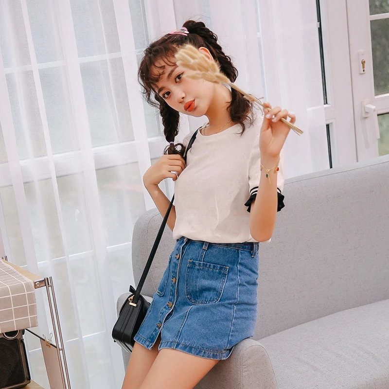 Denim Women's High Waist A-line Mini Skirt with Single Button and Pockets - Perfect for Summer image 3
