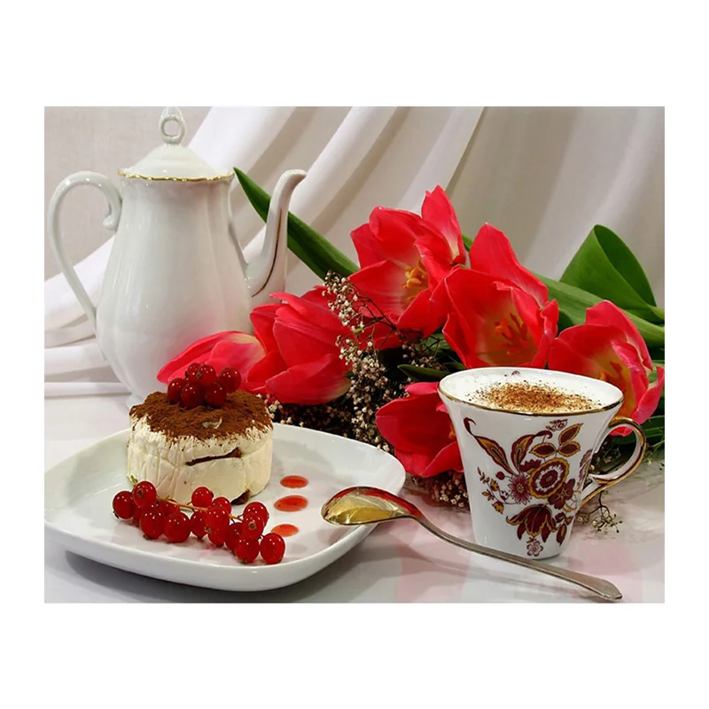 Diy Diamond Painting Coffee Cake Flowers Home Decoration 5d Diamond Embroidery Needlework Diamond Mosaic kitchen Wall Stickers