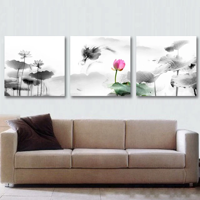 Framed 3 Panel Large Chinese Style Lotus Flower Painting Black And White Canvas Art Home Decor Framed 3 Panel Large Chinese Style Lotus Flower Painting Black And White Canvas Art Home Decor