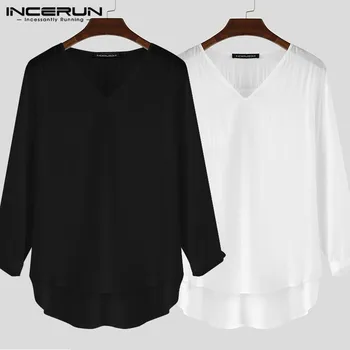 

INCERUN Men's National Wind Solid Color Fashion Simple Loose Casual Street Dress V-neck Shirt 2020 Long Sleeve Camisa Masculina