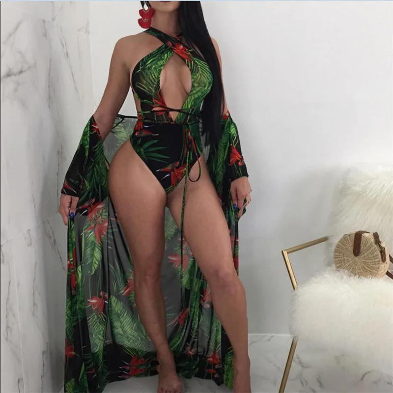 

2019 Sexy Print Women One Piece Swimsuit Swimwear Bathing Suit Bikini Long Cover Up Bathing Beachwear