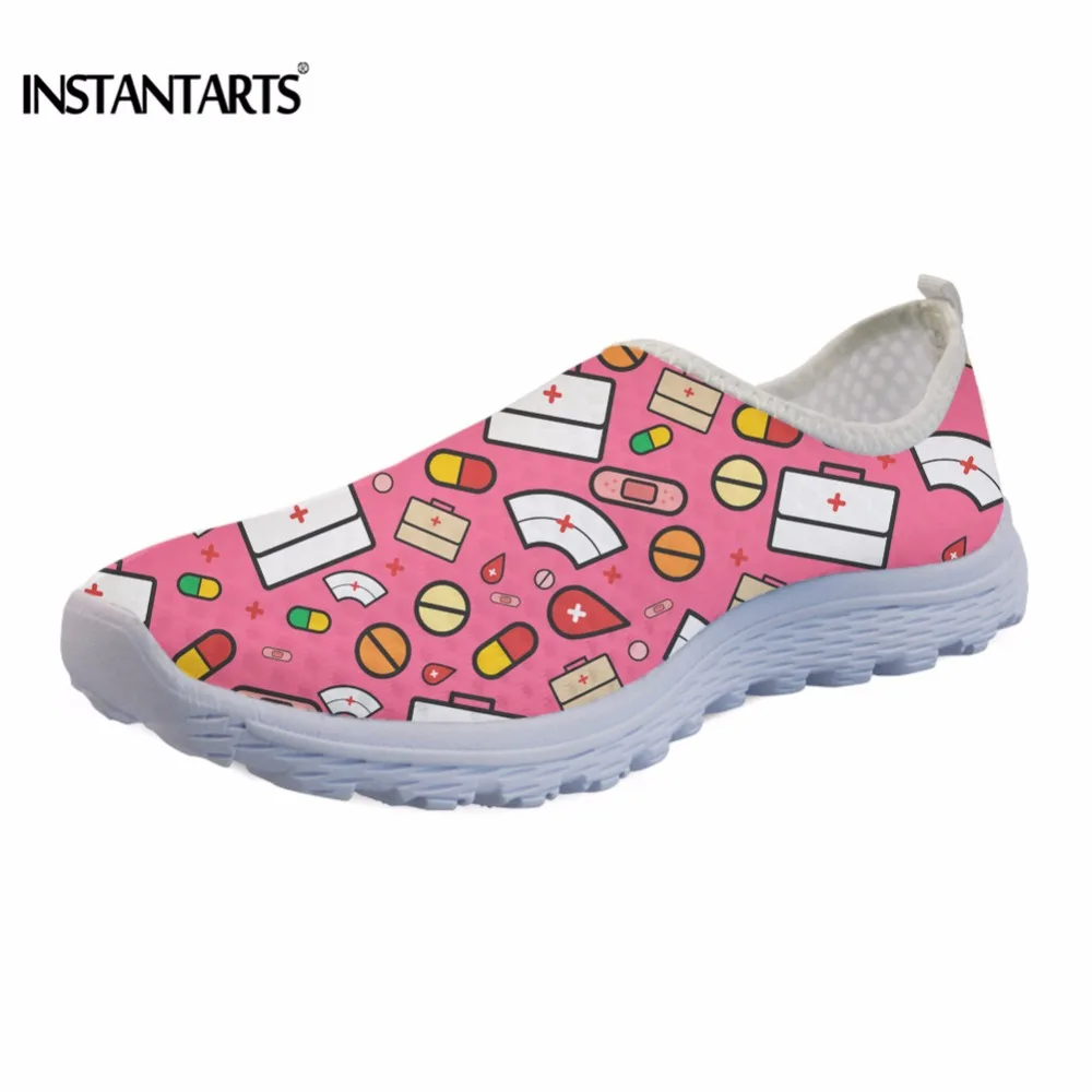 

INSTANTARTS Fashion Cartoon Nurse Print Women Air Mesh Shoes Casual Female Walk Slip-on Sneaker Women's Summer Light Flats Shoes